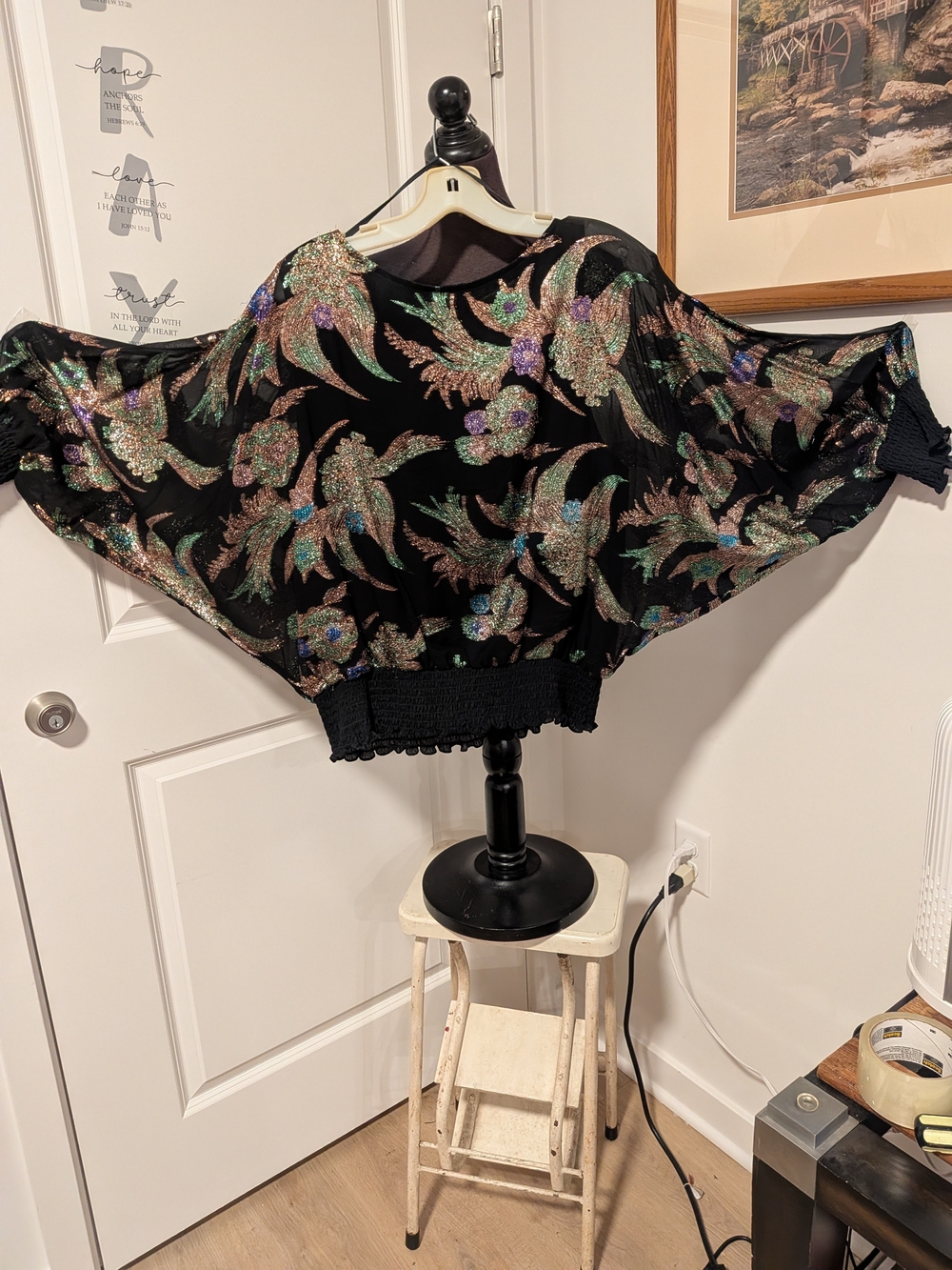 Andree' Gaye Vintage Batwing Top in Black with Iridescent Accents